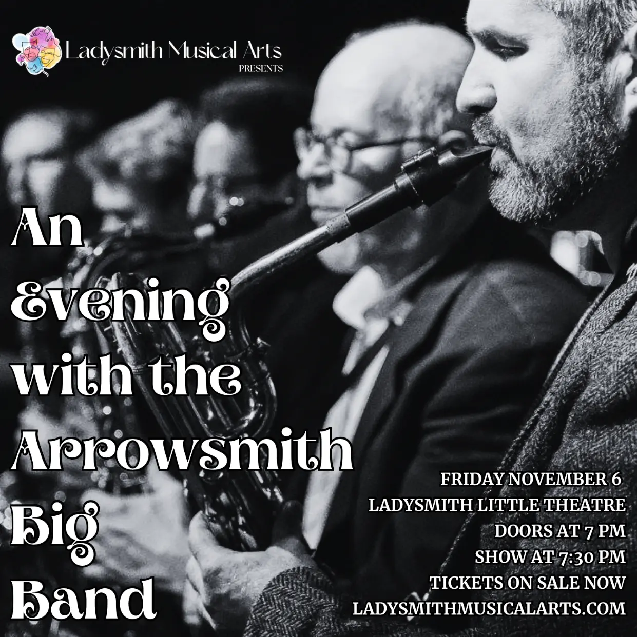 An Evening with the Arrowsmith Big Band graphic with musicians playing music in the background